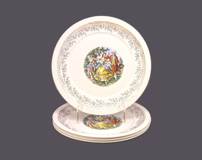 Four Georgian China | Homer Laughlin HLC2292 dinner plates. George Martha Washington | Courting Couple, 22K filigree rim. Made in USA.
