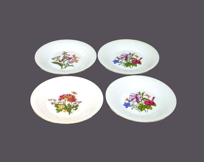 Four Josef Kuba Weisau | JKW dessert or salad plates made in Bavaria. Multicolor florals, butterflies.