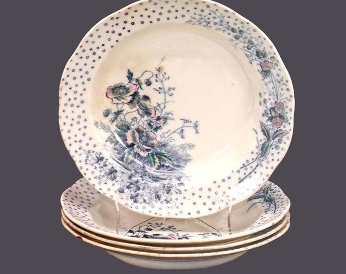 Four antique Aesthetic Movement Sampson Hancock Poppy rimmed soup bowls made in England. Flaws (see below).