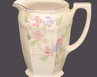 Art-deco era Arthur Wood 3637 iced-tea, kool-aid, milk pitcher: England. Pink & purple florals.