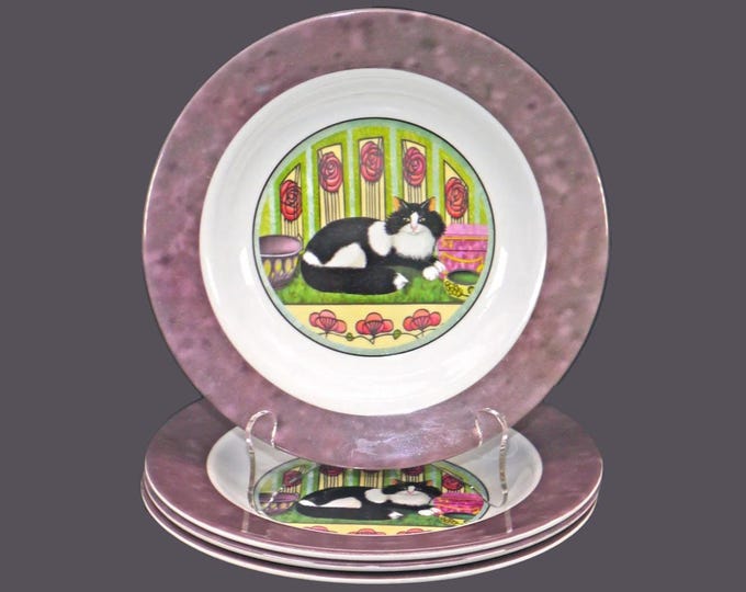 Vintage Melaware Fat Cat Soup Bowls: Mottled Purple Rim, Set of 4