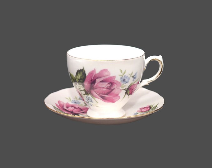 Royal Vale 8330 bone china cup and saucer set made in England. Pink roses, bluebells, gold edge and accents.
