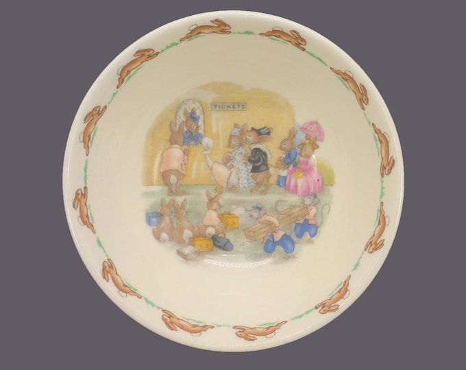 Royal Doulton Bunnykins Ticket Queue coupe cereal bowl. Bone china made in England.