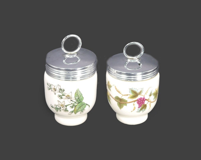 Pair of Royal Worcester porcelain egg coddlers. Valencia and Bacchanal. Made in England.