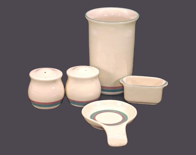 Five pieces of Pfaltzgraff Juniper stoneware. Salt and pepper, sweetener holder, spoon rest, utensil holder. Made in USA