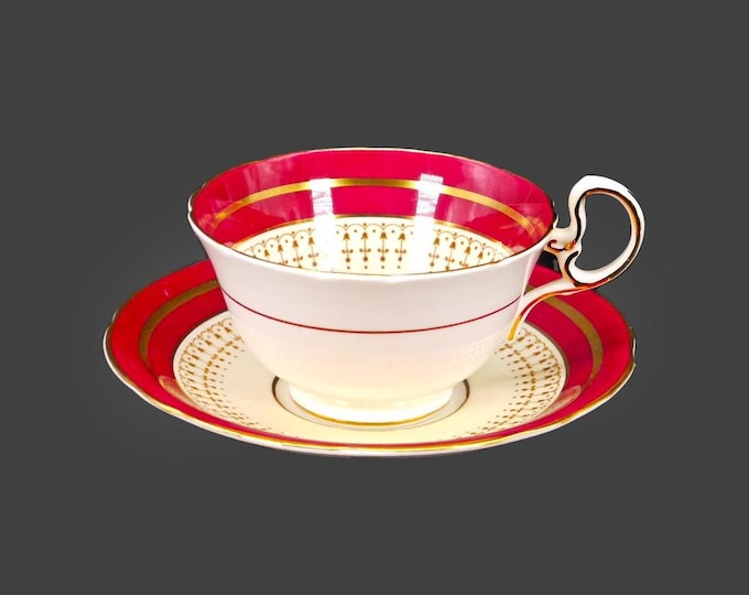 Aynsley Lynton Maroon 7249 wide-bowl cup and saucer set. Bone china made in England.
