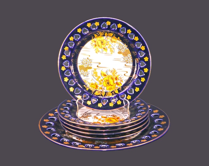 Thun cobalt and 24K gold roses dessert plate service made Czechoslovakia.