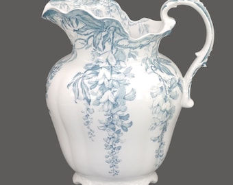 Antique Edwardian Age Grimwades Wistaria Green Transferware Wash Basin Pitcher, England. Flaw.