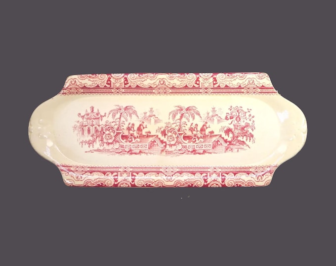 Antique William Adams Kyber Red Bread Tray: Chinoiserie Pagoda Scene
