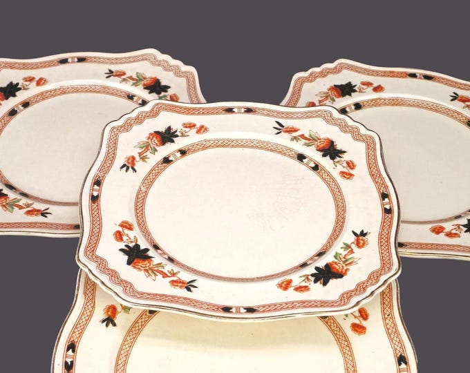 Four antique Duchess Royal 3449 square Imari dinner plates made in England. Flaw (see below).