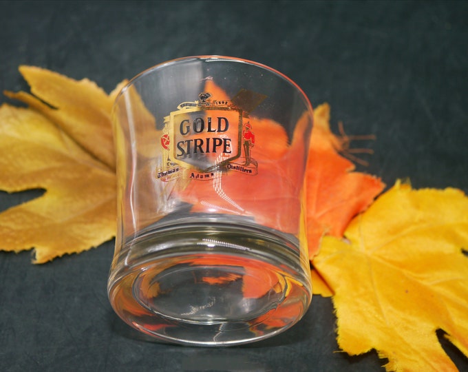 Canadian Gold Stripe whisky glass.  Etched-glass logo and text. Thomas Adams Distillery.