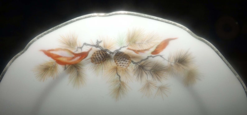 Fine Translucent China Japan Pine Tree large salad or side plate 1960s-1970s scalloped gold edge. Pine cones and pine branches Vintage