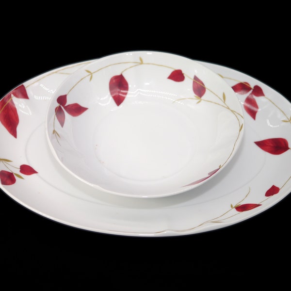 Spal Porcelanas duo of oval platter and round serving bowl. Red tan leaves branches. Made in Portugal. Minor flaws (see below).