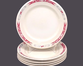 Six Ridgway Pottery vitrified hotelware luncheon plates. Red and gray apples, white leaves, burgundy band. Made in England.