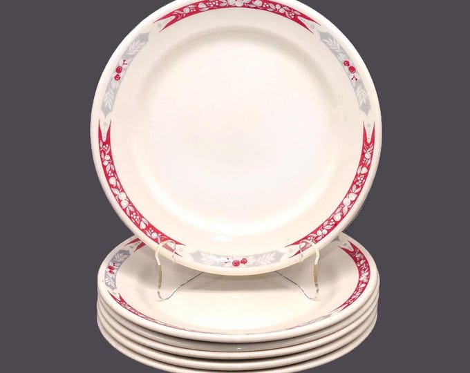 Six Ridgway Pottery vitrified hotelware luncheon plates. Red and gray apples, white leaves, burgundy band. Made in England.