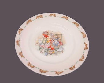 Royal Doulton Bunnykins child's salad plate. Bunnies hanging wallpaper. Made in England.