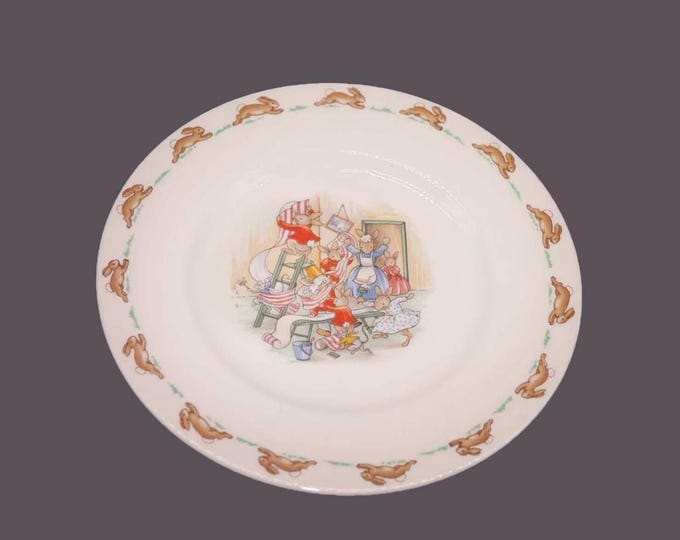 Royal Doulton Bunnykins child's salad plate. Bunnies hanging wallpaper. Made in England.