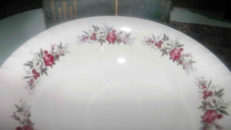 Ridgways Mirandy rimmed vegetable bowl White Mist ironstone. white roses Vintage 1960s 22K gold edge Red Ridgway Pottery