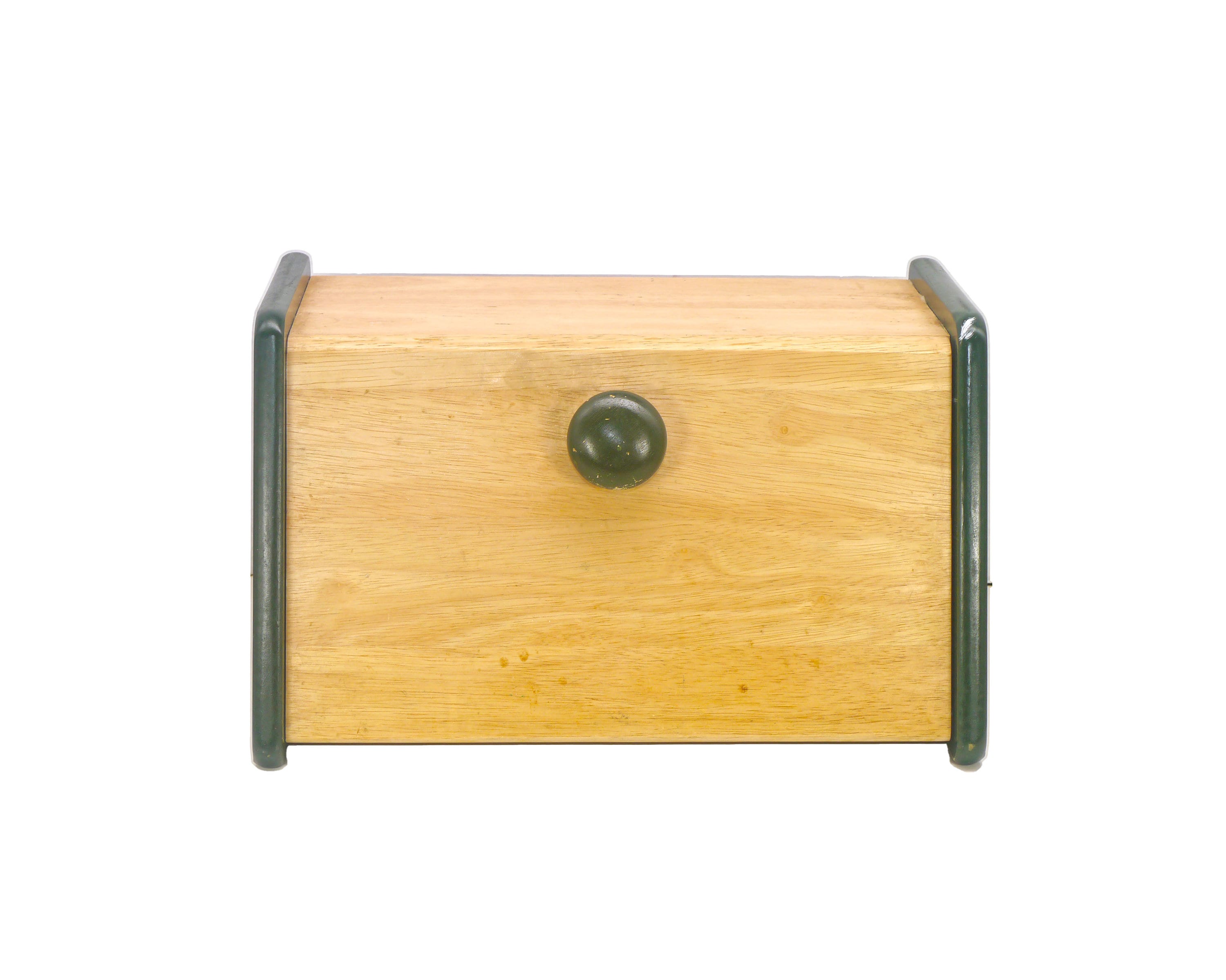 Retro wood bread box made in Thailand attributed Goodwood. Green knob pull.
