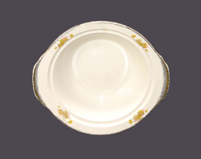 Wood & Sons 2A505 lugged rimmed serving bowl. Wood's Ivory Ware Ironstone made in England. Pink, yellow daisies.