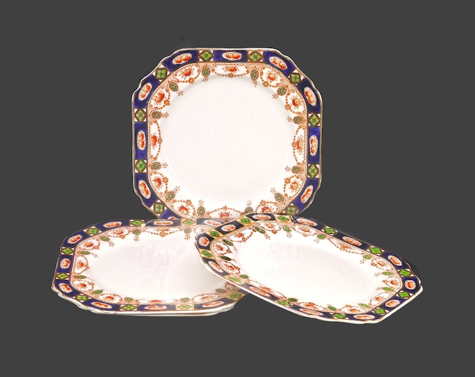 Four antique Thomas Hughes & Son Imperial Derby square Imari luncheon plates. Imari-style tableware made in England.