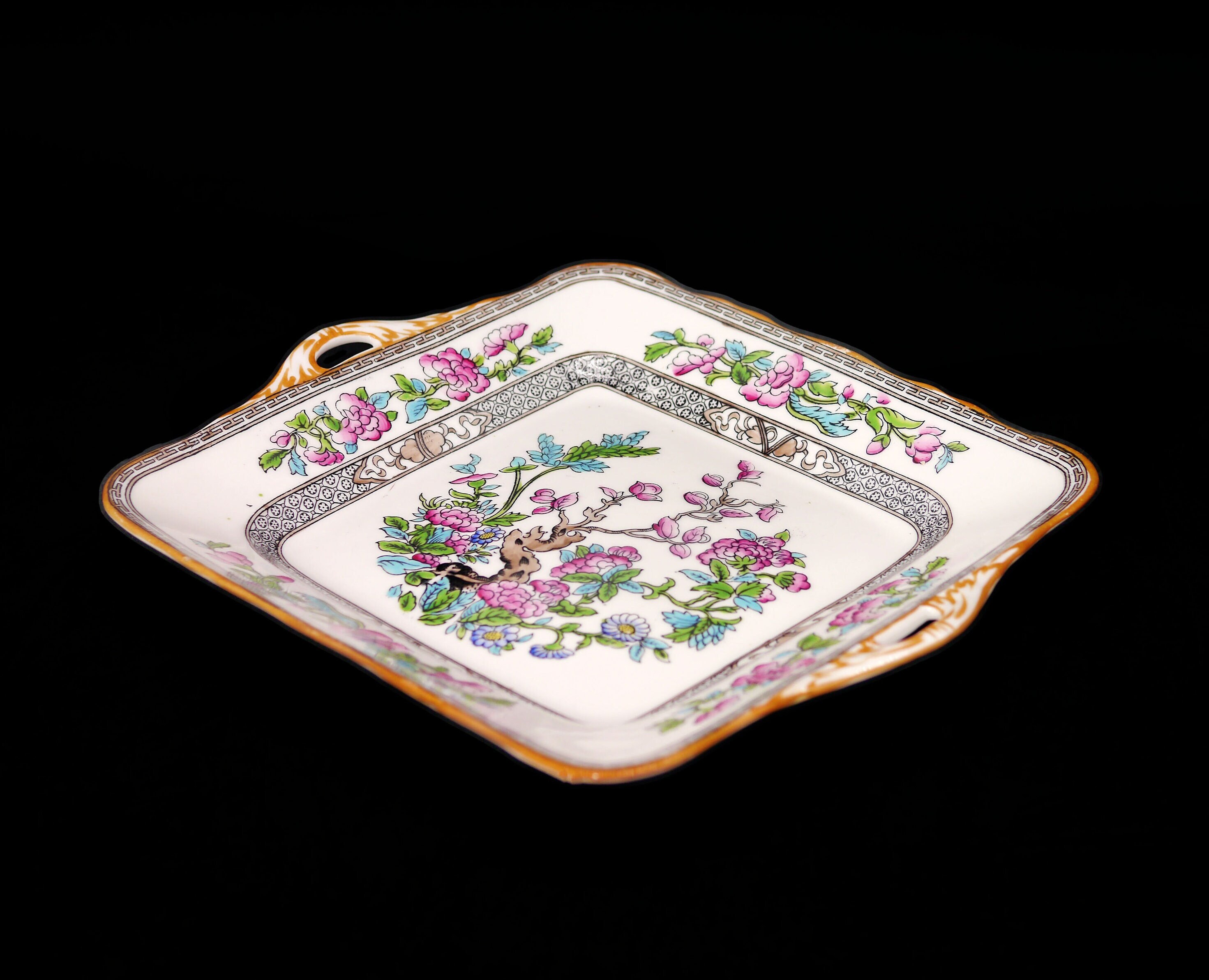 Art deco era Bone China Indian Tree square lugged cake, cookie