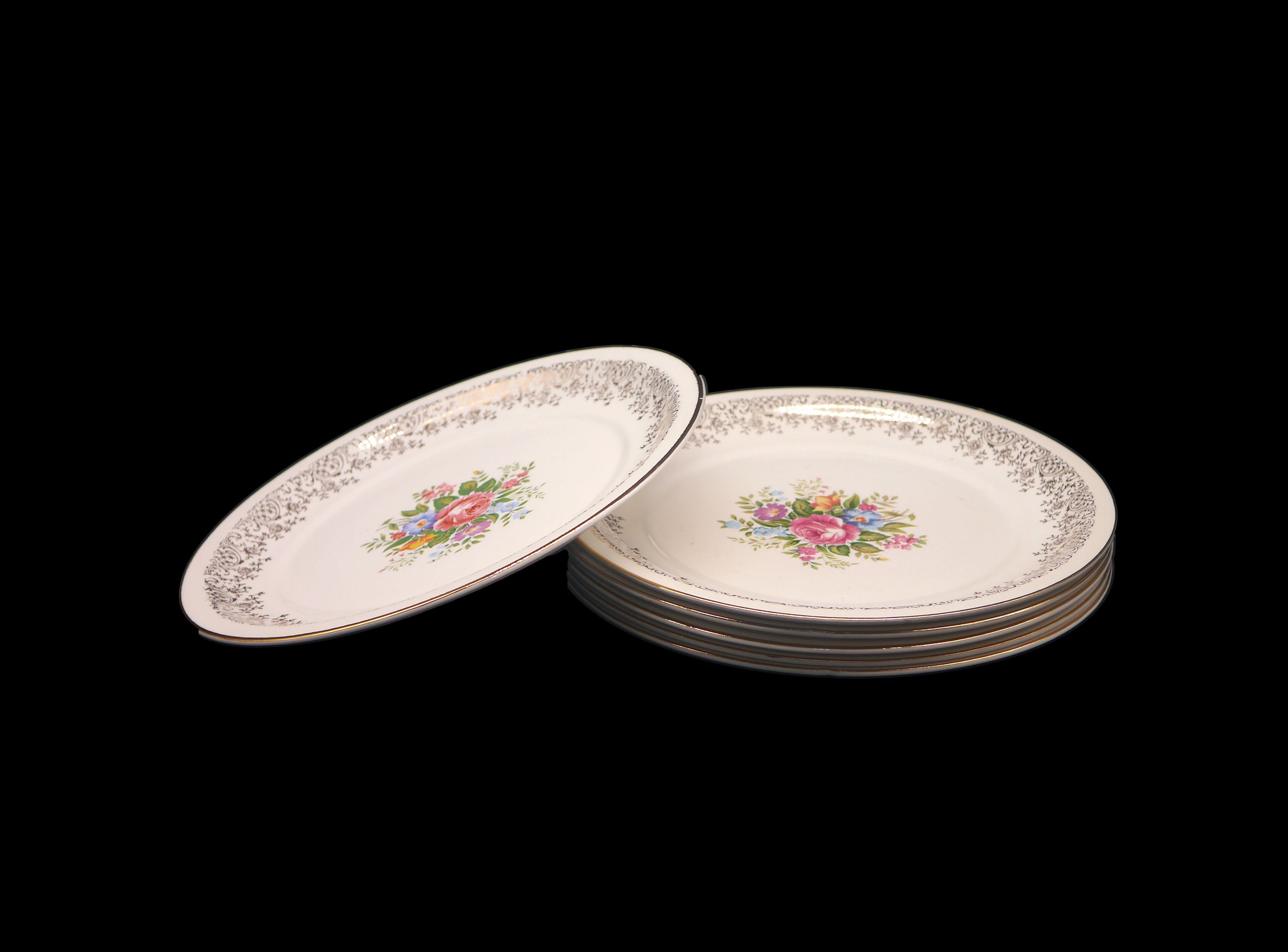 Six China Devon Rose dinner plates made in the USA decorated