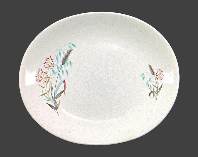 Grindley oval platter made in England. Teal brown leaves, pink florals, pussywillows, speckled ground.