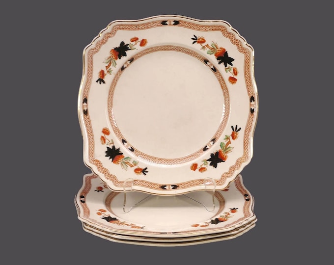Four antique Duchess Royal 3449 square Imari dinner plates made in England. Flaw (see below).