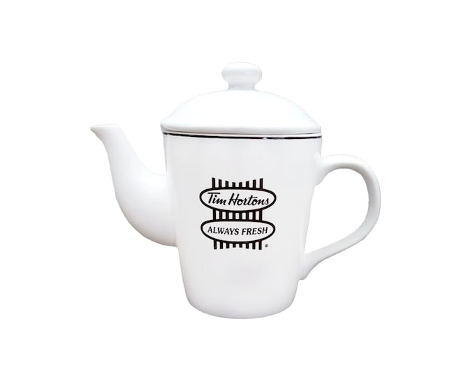 Tim Hortons 2-cup stoneware teapot with lid. Brown logo and tagline in English and French