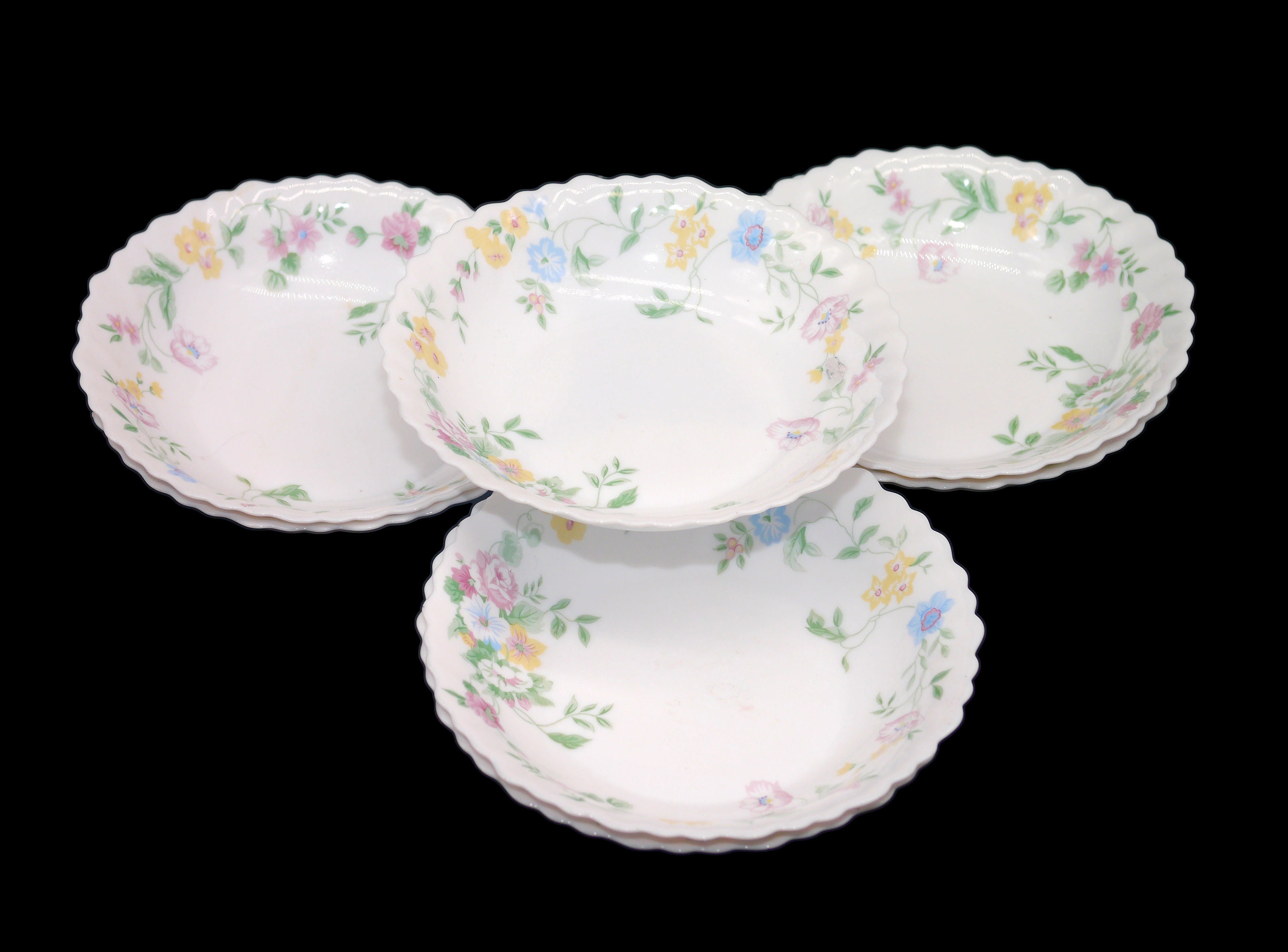 Set of Arcopal Feston Hortense glass soup bowls made in France. Choose