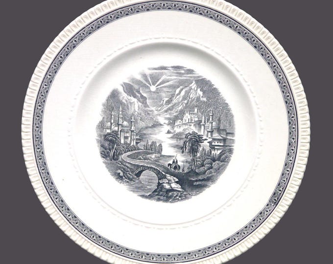 Antique Edwardian Age George Jones | Crescent Pottery JON93 black-and-white large dinner plate. Men on horseback, bridge, scenery. Signed.