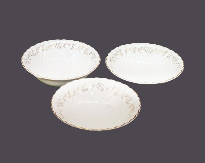 Vintage Johnson Brothers JB498 coupe cereal bowls. Gold filigree, England. 3 bowls.