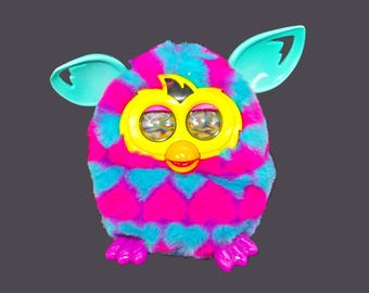 2013 Furby Boom interactive toy by Hasbro. Teal ears, purple feet, multicolor pink, purple and teal stripes. Fully functioning.