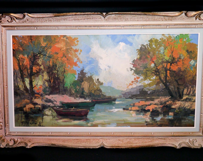 Vintage (1980s) original oil on canvas by Montreal artist Guy Duveyre in a carved gilt wood frame.