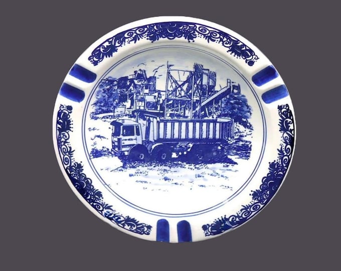 Royal Delfts ashtray hand painted, made in Holland. Truck, construction scene. Six cigarette holders. Flaws (see below).