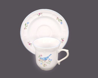 Tienshan Aviary birds and flowers stoneware cup and saucer set. Bluebird or Cardinal.