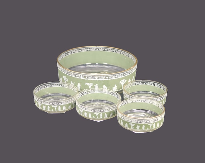 Jeannette Glass Hellenic Green five-piece salad serving set. Serving bowl, four individual bowls. Made in USA.
