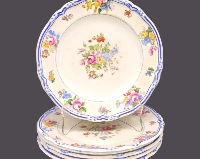 Six Minton Queen Anne antique art-nouveau salad plates. Hand painted, made in England. Embossed Blue trim.
