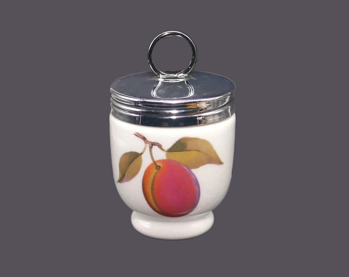 Royal Worcester Evesham single egg coddler with screw-on metal lid made in England. Peaches and berries.