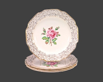 Four Dominion China Briar Rose dinner plates made in the USA.