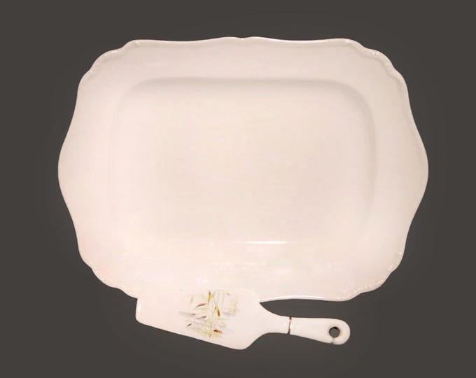 Antique Edwardian Age J&G Meakin MEK144 turkey platter with lifter. Embossed scrolls, scalloped edge. Sol Sunshine ironstone made England.