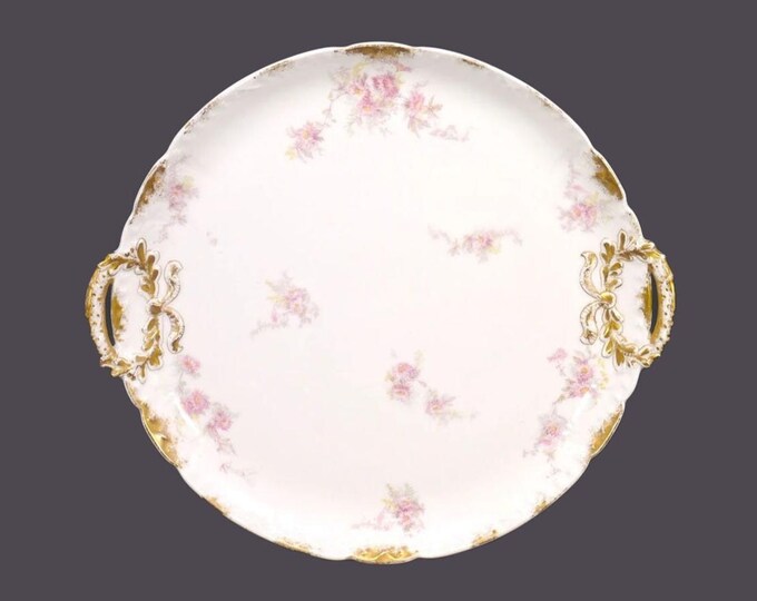 Antique art-nouveau period Gérard, Dufraisseix, Abbot | GDA Limoges handled cake plate made in France. Pink floral sprays.