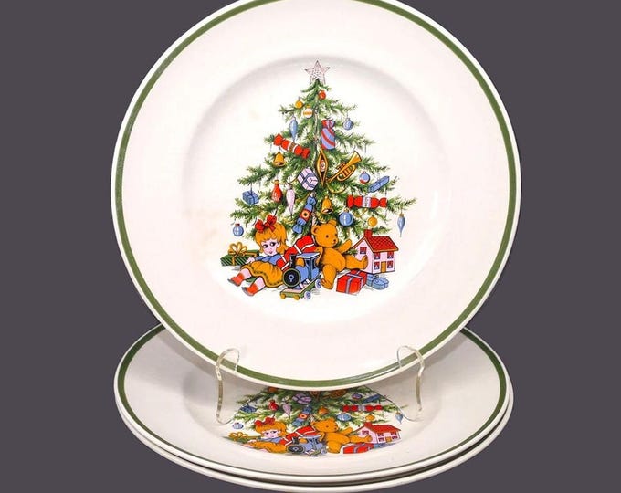 Three Wood & Sons Noel (older) Christmas dinner plates. Christmas tableware made in England. Flaws (see below).