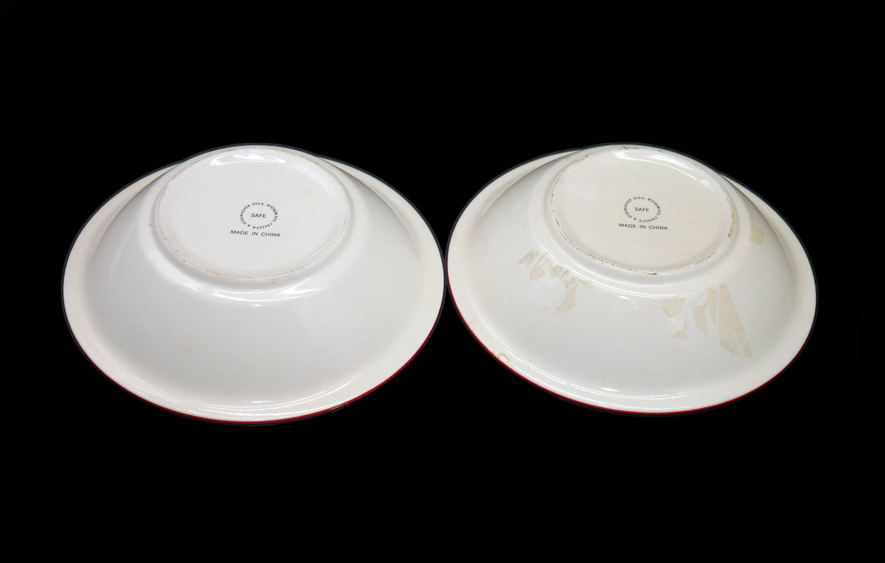 Pair of Certified International individual pasta bowls. Pasta wording in black in center, red