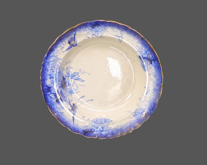 Antique Victorian era George Thomas Mountford | GTM Orchid flow-blue rimmed soup bowl made in England. Exceedingly rare.