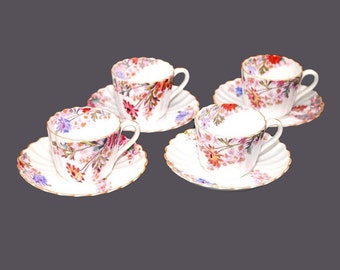 Four Spode Chelsea Garden 9781 hand-decorated demitasse | espresso cup and saucer sets made in England.