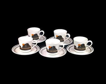 Five Royal Doulton Prairie LS1031 stoneware cup and saucer sets. Lambethware stoneware made in England.