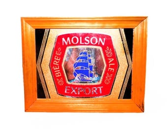 Vintage Molson Export Ale Bar Mirror: Etched Glass Sailing Ship, Wood Frame