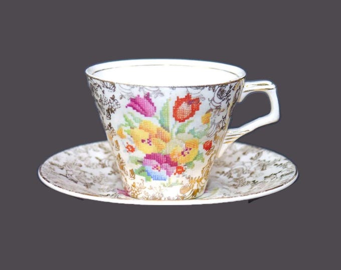H&K Tunstall | Hollinshead Kirkham Old English Sampler gold-chintz cup and saucer set made in England.